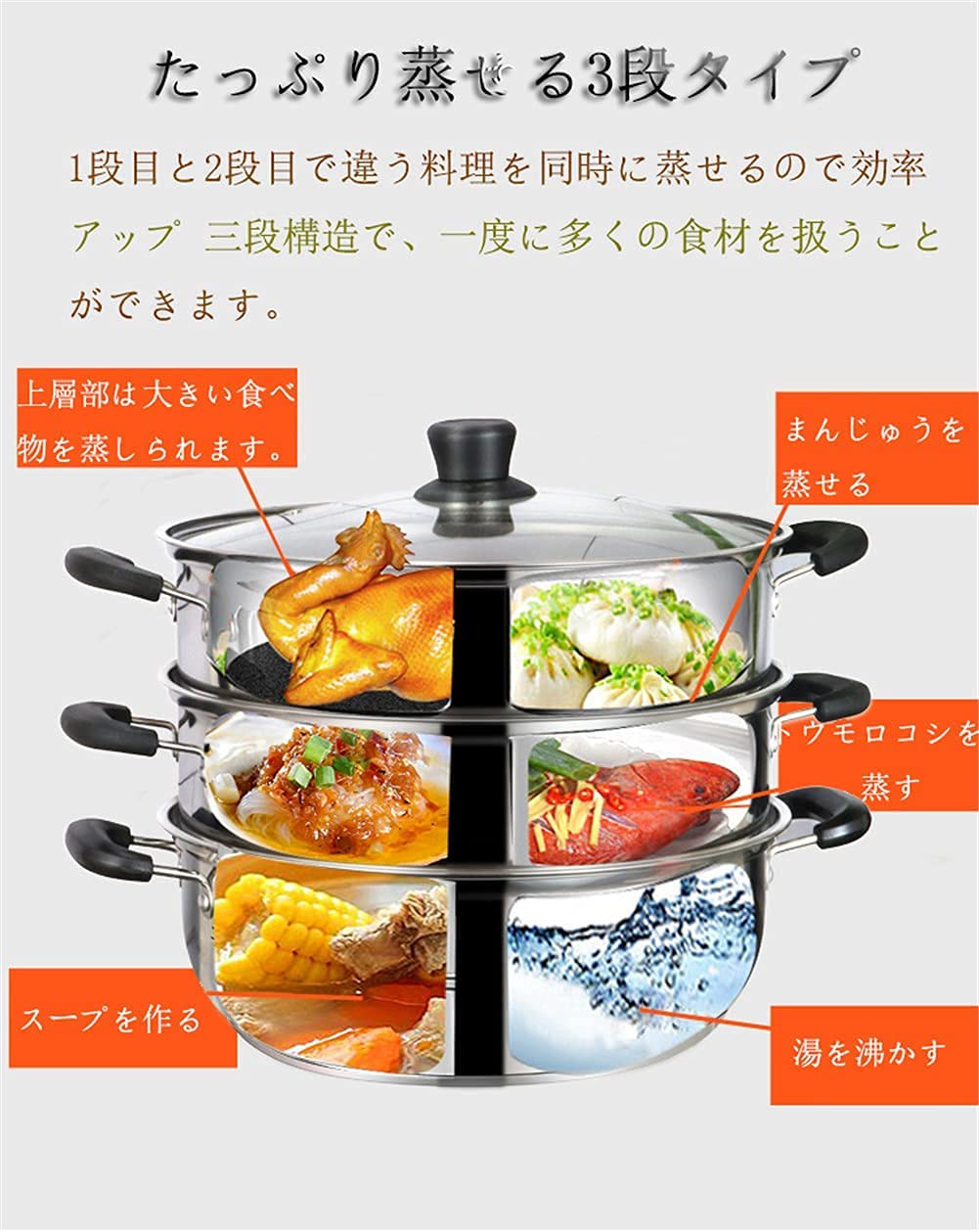 Amazon｜多機能 蒸し鍋 蒸し器 二段 三段 「3層底」蒸しもの鍋