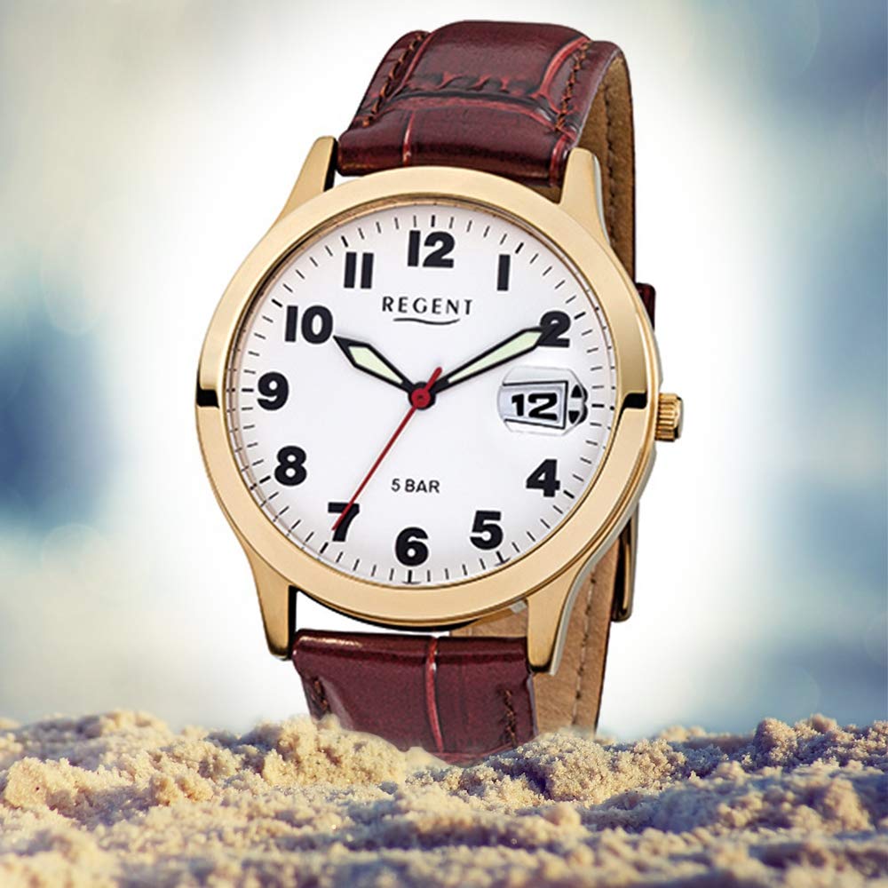 REGENT Herren Lederarmband Uhr braun F-789 Quarzuhr D2URF789 EIN schönes Geschenk zu Weihnachten, Geburtstag, Valentinstag für den Mann