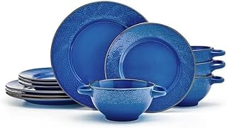 Pfaltzgraff Kori Blue 12-Piece Stoneware Dinnerware Set - Includes Plates & Bowls with Handles - Vibrant Blue Glossy Finish with Gold Rim - Microwave & Dishwasher Safe, Rustic Thoughful Gift
