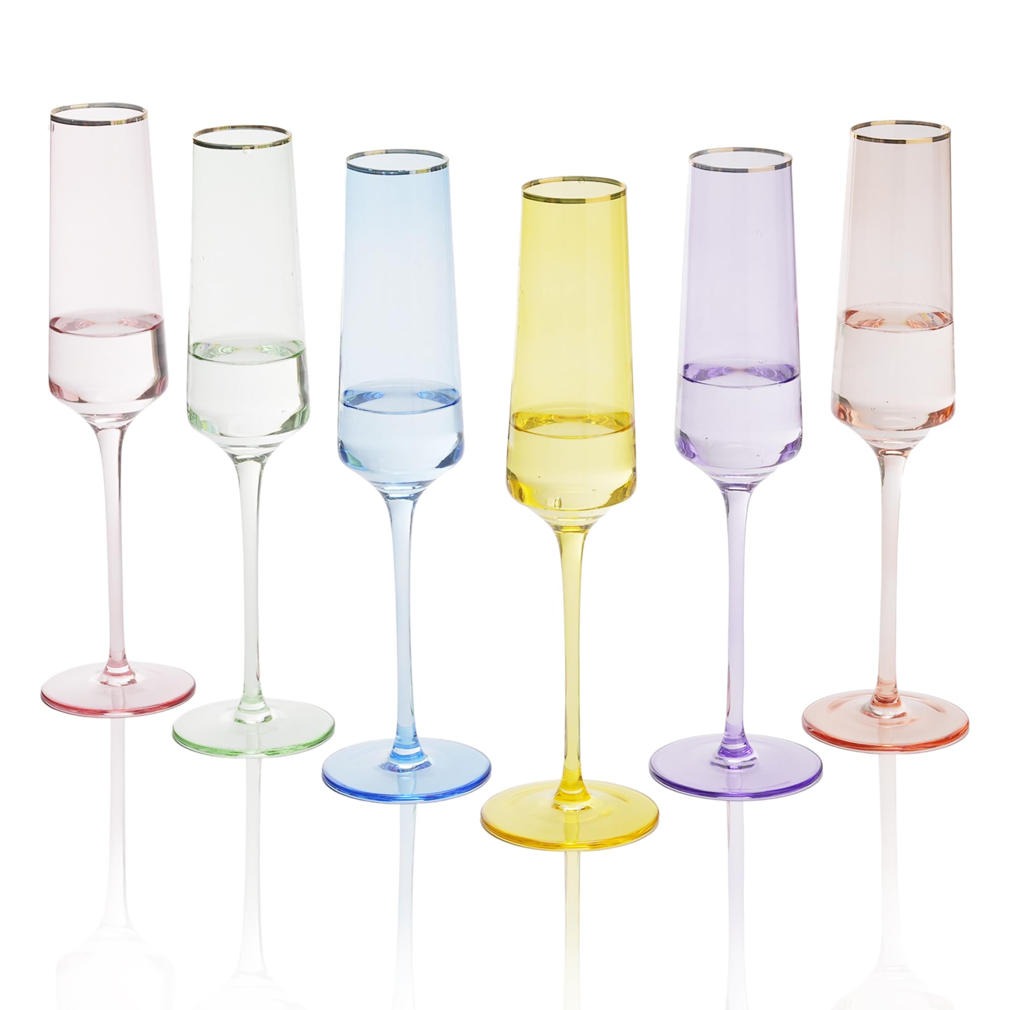 Farbige Champagnerflöten, Set mit 6 modernen Champagnergläsern, transparent, ideal für Hochzeiten, Jubiläen, Weihnachten, alle Anlässe und Geschenke, 1,5 l