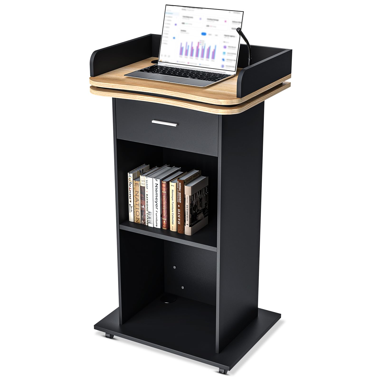 43" Wood Podium Stand with Wheels, Portable Lectern with 3 Levels of Storage, Floor Standing Customer Reception Podiums Mic Stand Desk for Churches,