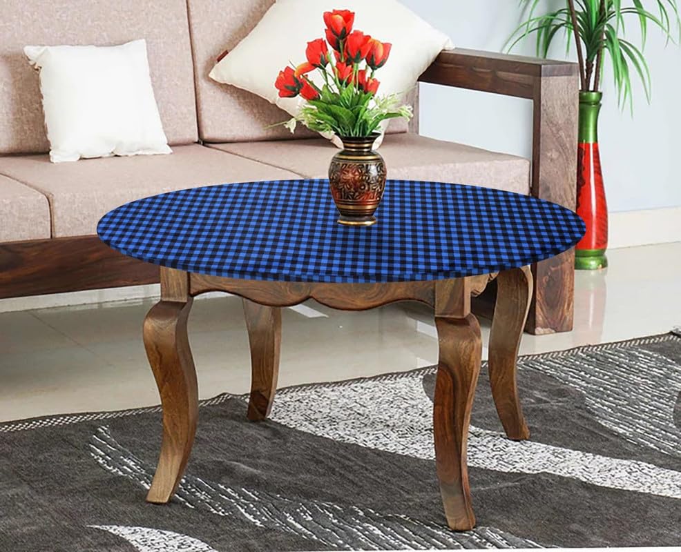 Image of The Furnishing Tree Round Elastic Fitted Center Tpoy Table Cover WxL 24x24 Inches Checkered Pattern Blue