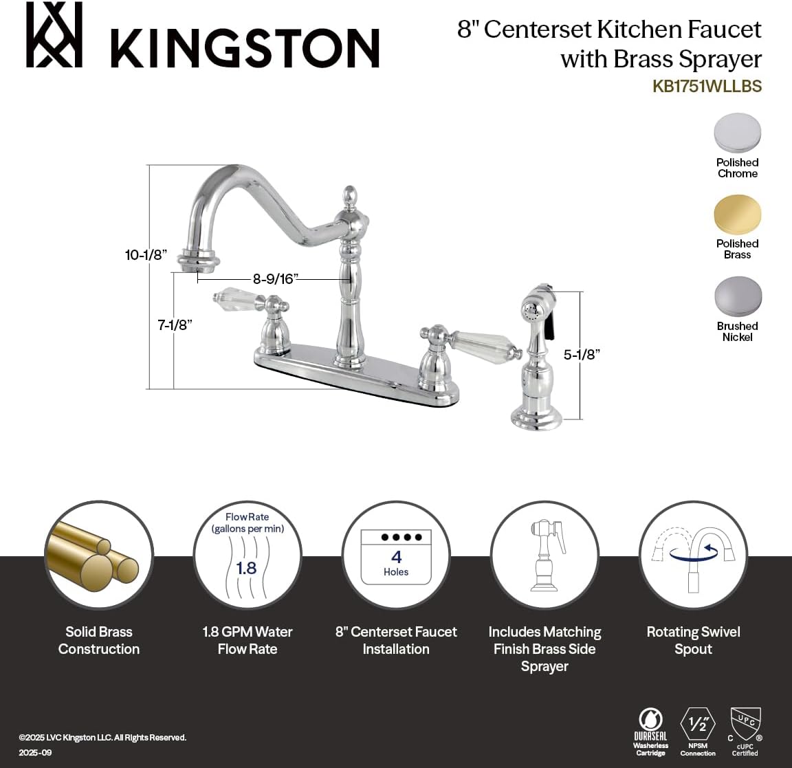 Kingston Brass KB1758WLLBS 8" Centerset Kitchen Faucet with Brass Sprayer, 8-5/8" in Spout Reach, Brushed Nickel