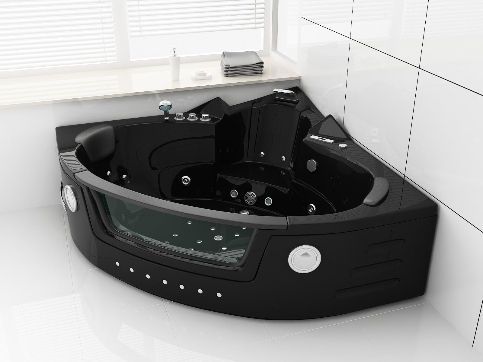 Luxus Whirlpool Milano 152x152 cm Black – beheizbare Badewanne für 2 Personen mit 14 Hydrojets, 16 Airjets, LED-Farblicht, Bluetooth-Soundsystem, Wasserfall, Ozondesinfektion & digitales Bedienfeld