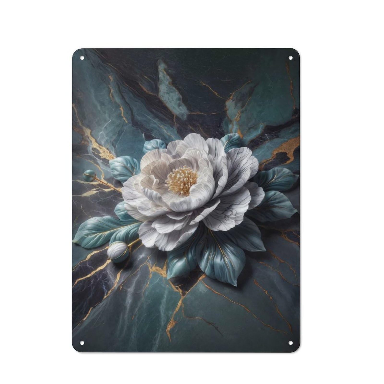Junmoney Style Metal Plaque With Elegant White Flower On Marble Background Design 40X30cm, Country Cafe Wall Decor For Bakery, Diner, Cafe Or Family Room
