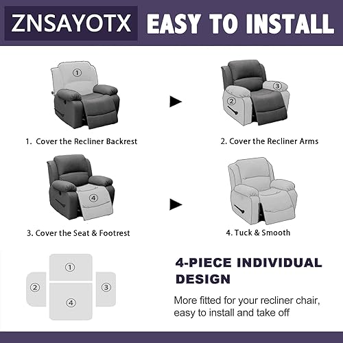 Miniatura 5 de ZNSAYOTX Fundas elásticas de terciopelo reclinable, 4 piezas, funda para silla reclinable de felpa suave más gruesa con bolsillos laterales,