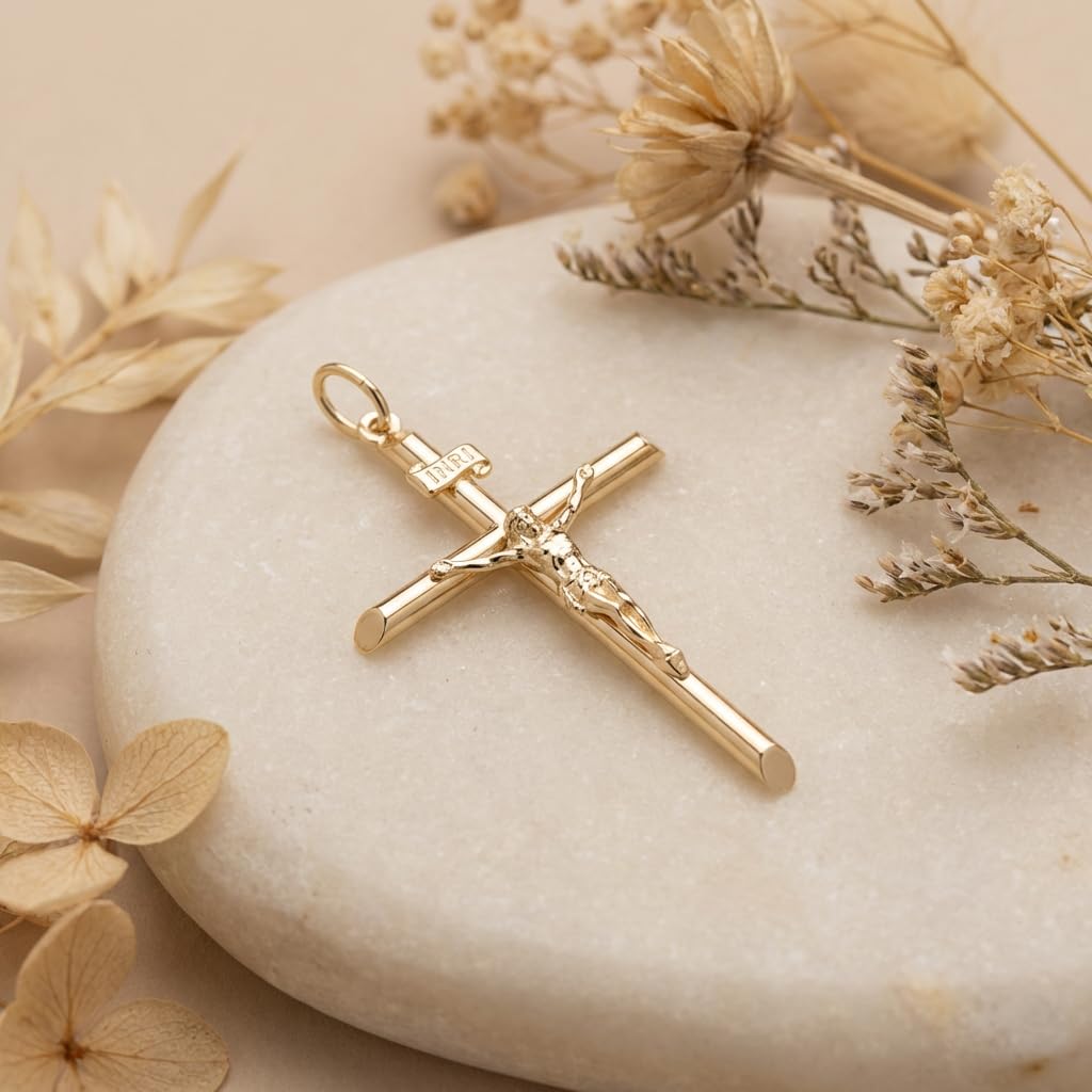 Alexander Castle Groß Solide 9ct 375 Gold Kruzifix Halskette Anhänger für Frauen & Männer - 42mm x 28mm - Kreuz Charme mit Schmuck Geschenk-Box - NUR ANHÄNGERSCHMUCK