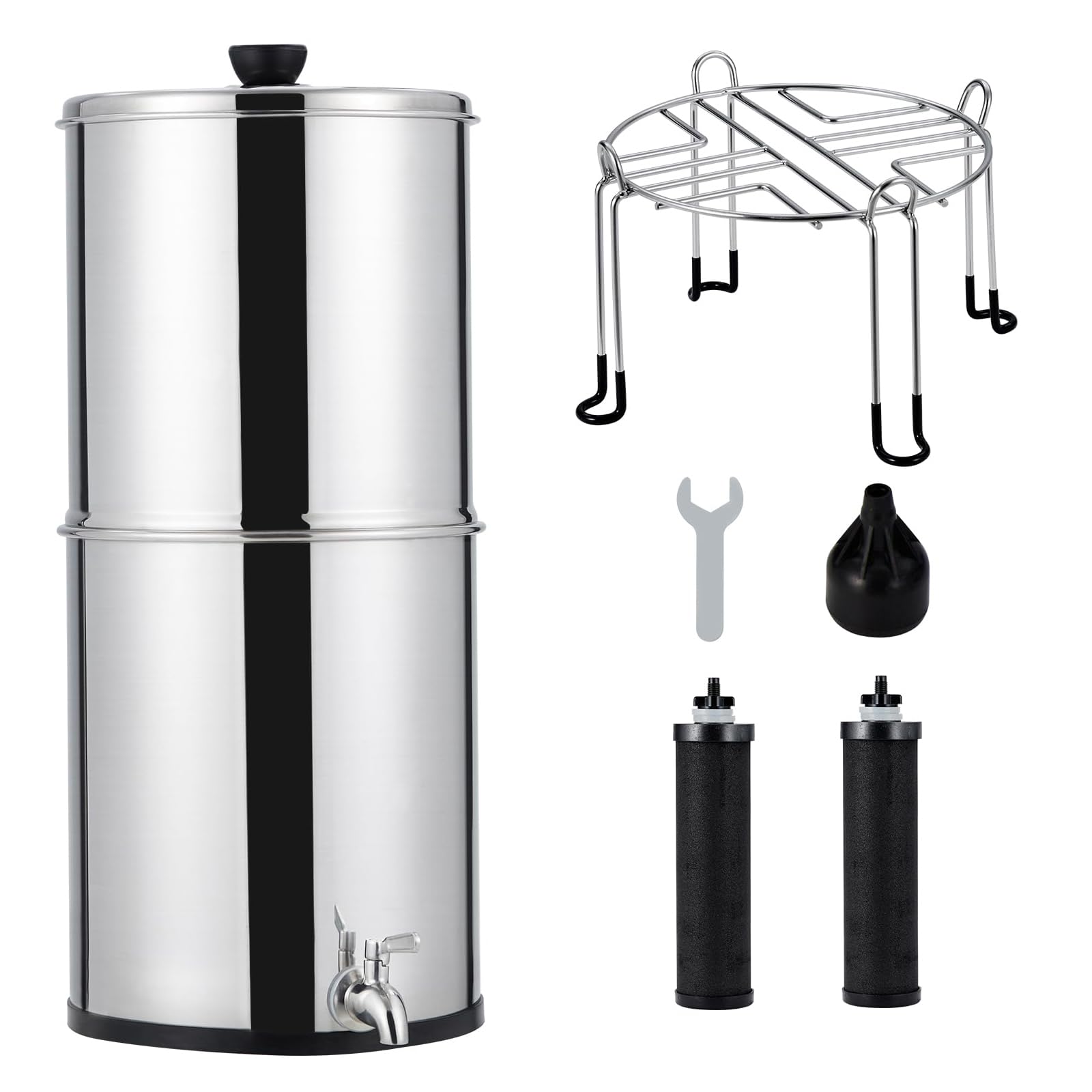 Gravity Water Filtration System 2.25 Gallon,304 Stainless Steel,Gravity-fed Water Filter System with 2 Black Carbon Filters and Stand,Chlorine and L-ead Reduction,for Home,Camping,RVing, Emergencies