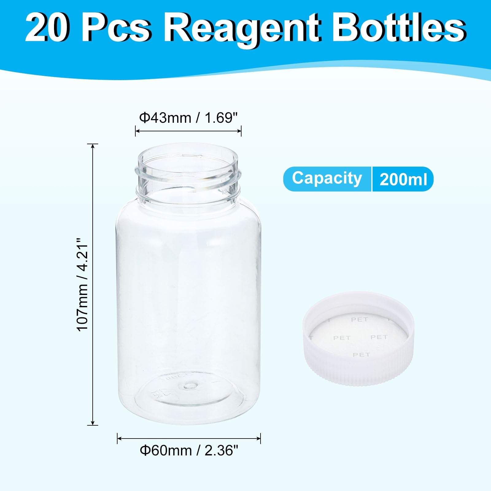 PATIKIL 20pz 200ml Bottiglie per Reagenti, Bottiglie Tonde a Bocca Larga con Tappo Vite per Conservazione Acqua Laboratorio Reagenti Liquidi Campioni Solidi, Trasparenti