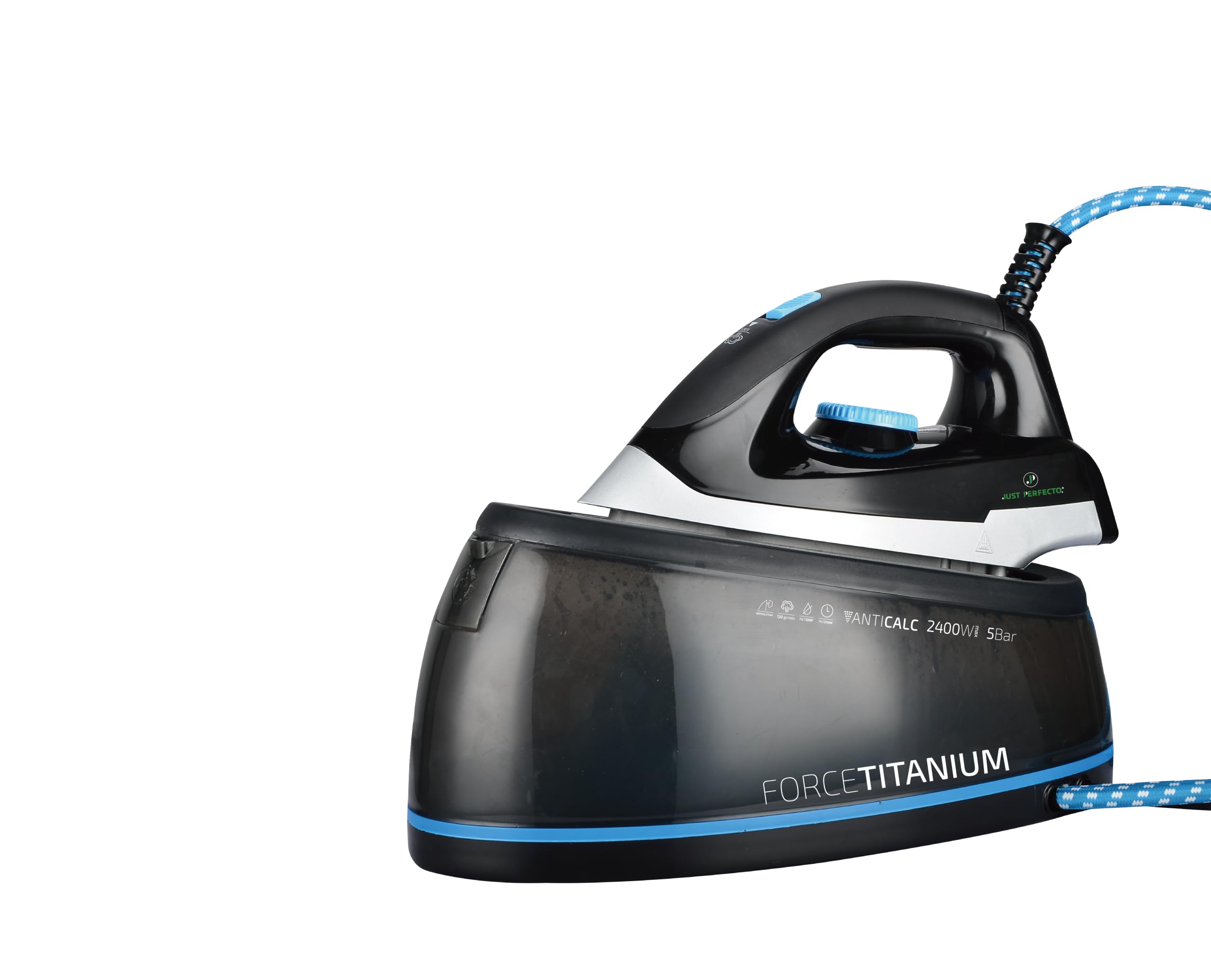 Just Perfecto Ferro da Stiro a Caldaia 2400 W Vapore Blu Nero | vapore continuo, piastra scorrevole, grande autonomia, stiratura verticale, tutti i tessuti, impugnatura ergonomica