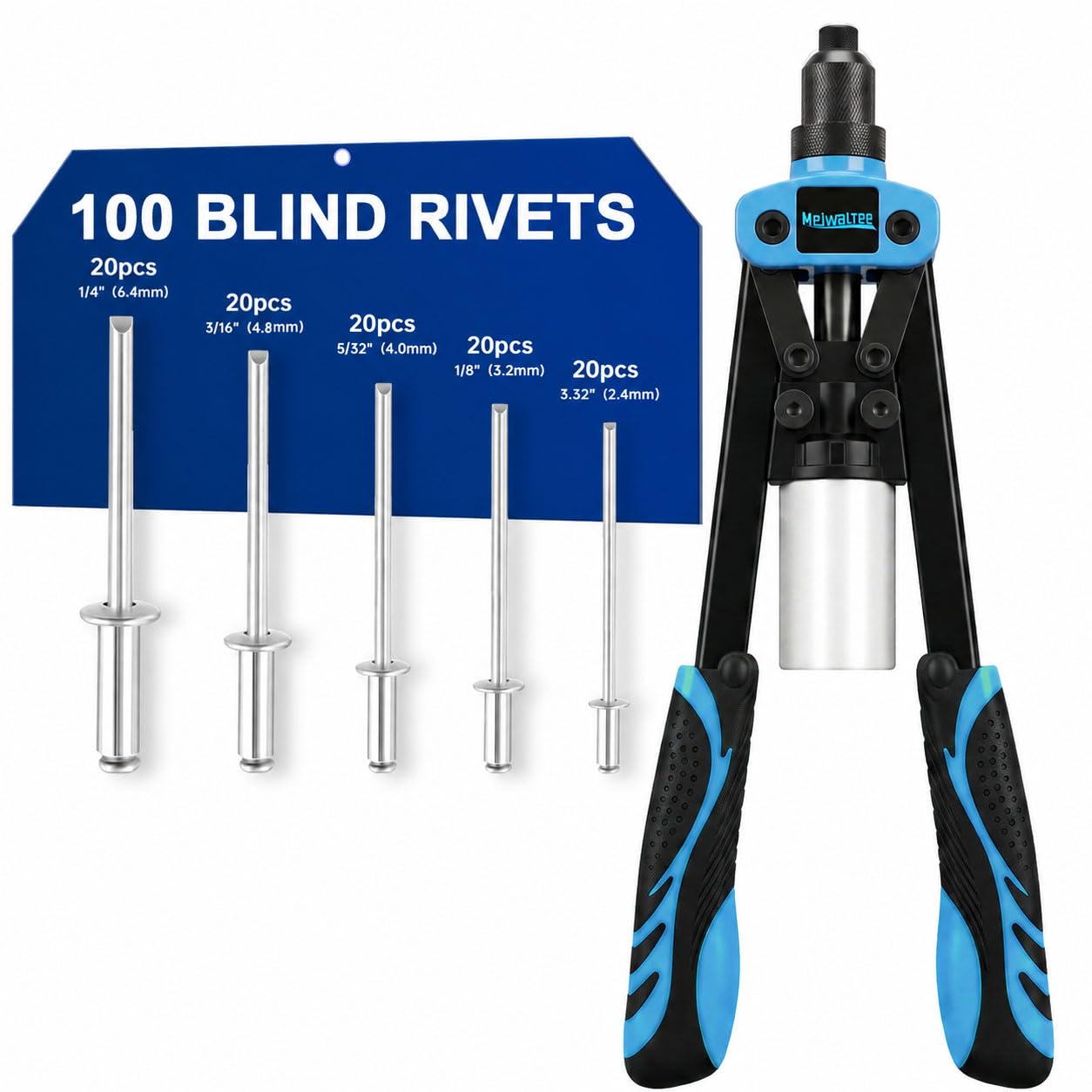 Meiwaltee 13" Rivettatrice a Pistola Professionale con 100 Pezzi Rivetti, Kit di rivettatrici a Doppia Mano Resistente con 5 Testa Intercambiabile 6.4-4.8-4.0-3.2-2.4MM per Metallo, Automobili etc