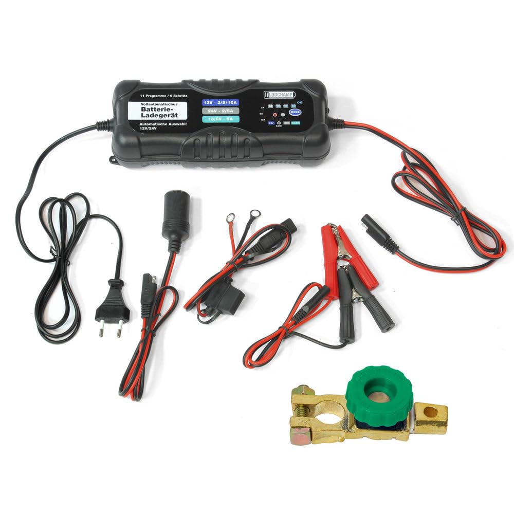 Bundle, 10A/5A Intelligentes Batterieladegerät, 12V/24V KFZ/LKW Ladegerät, Erhaltungsladegerät und Batterie Trennschalter Poltrenner Batterietrenner
