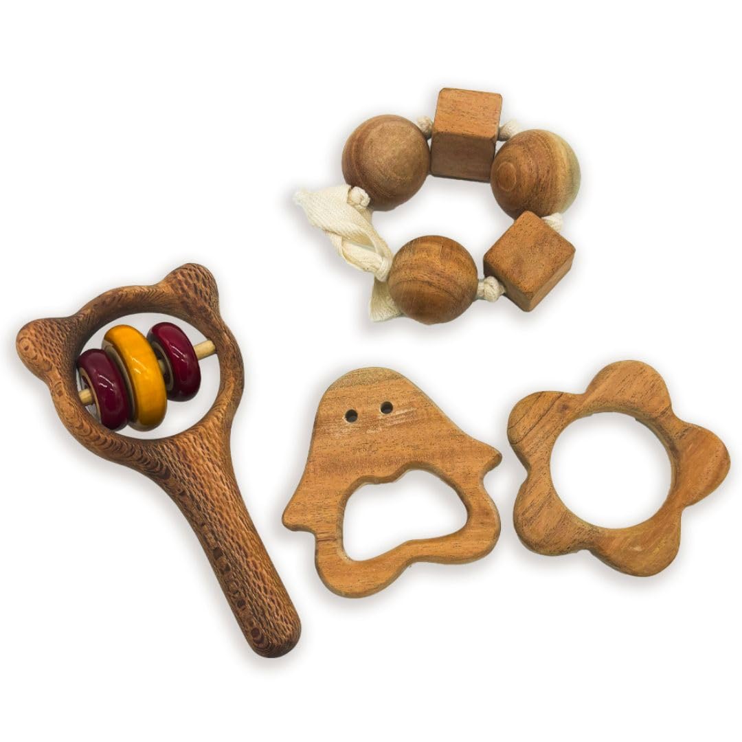 Zantva Wooden Baby Toys Combo, 100% Natural Neem Wood Teethers | Montessori Beads & Cubes | Rattle Set for Babies 0-6 Months | Early Education & Motor Skills Development | Handcrafted | Baby Toys for 0 to 6 Month | Wooden Toys