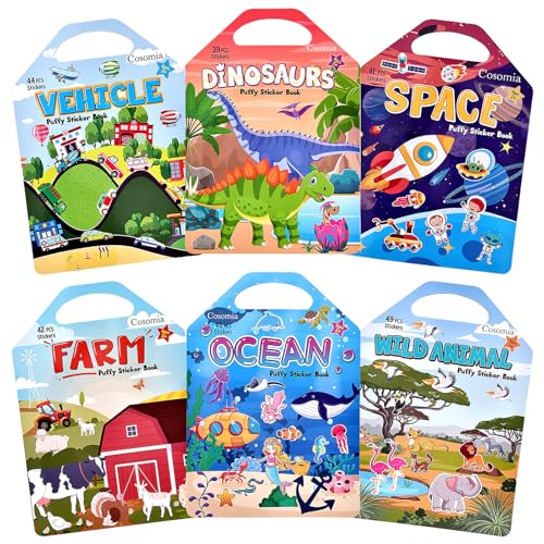 Cosomia 6 Set (260pcs) Puffy Sticker Books Activity for Kids Animal Farm Dinosaurs Space Vehicle Ocean 3D Reusable Stickers for Boys and Girls Travel Sticker Books for Kids Ages 3+