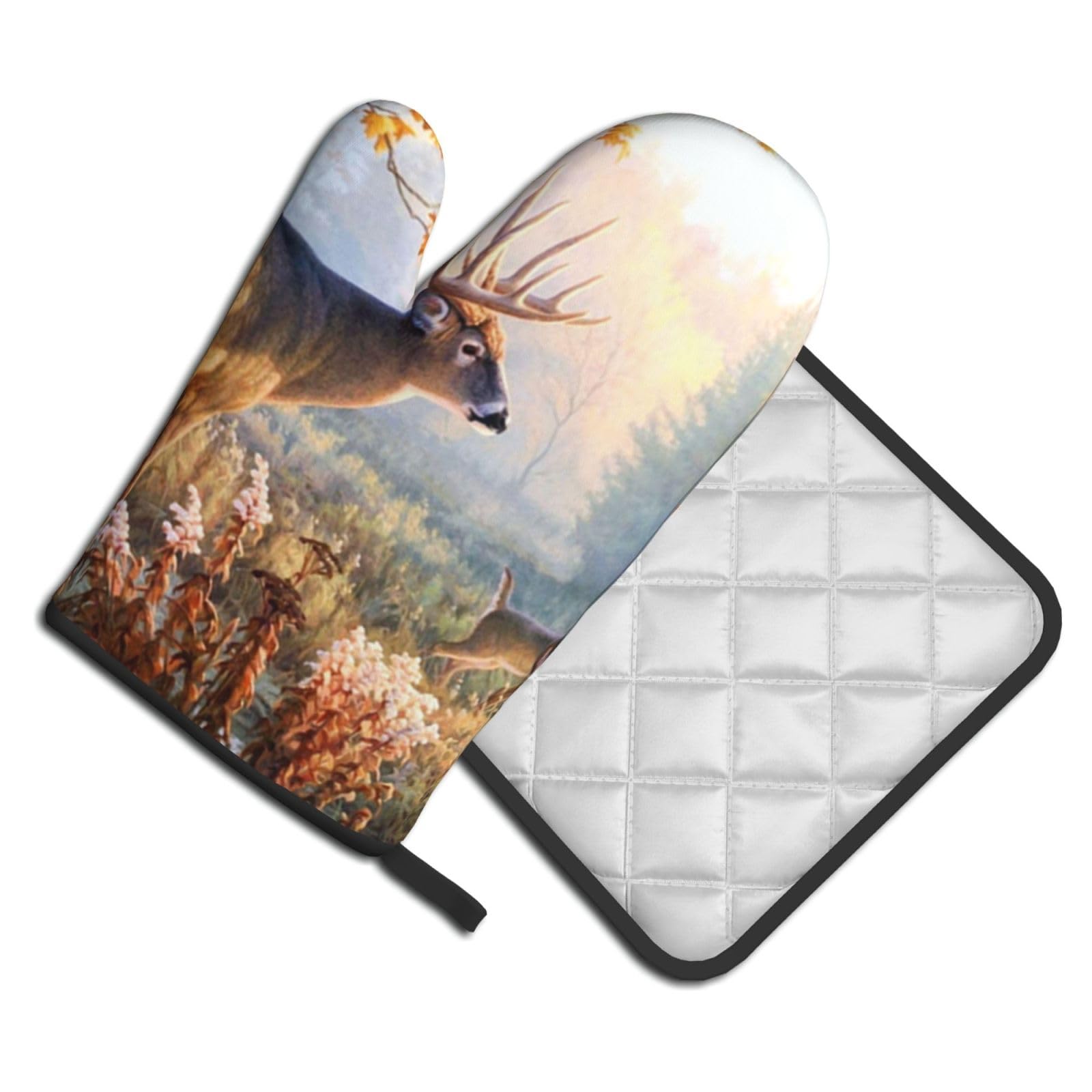 Oven Mitts and Pot Holders Set of 2 Pcs, Deer Wildlife Art Printed Heat Resistant Kitchen Gloves Potholders for Cooking Baking Grilling
