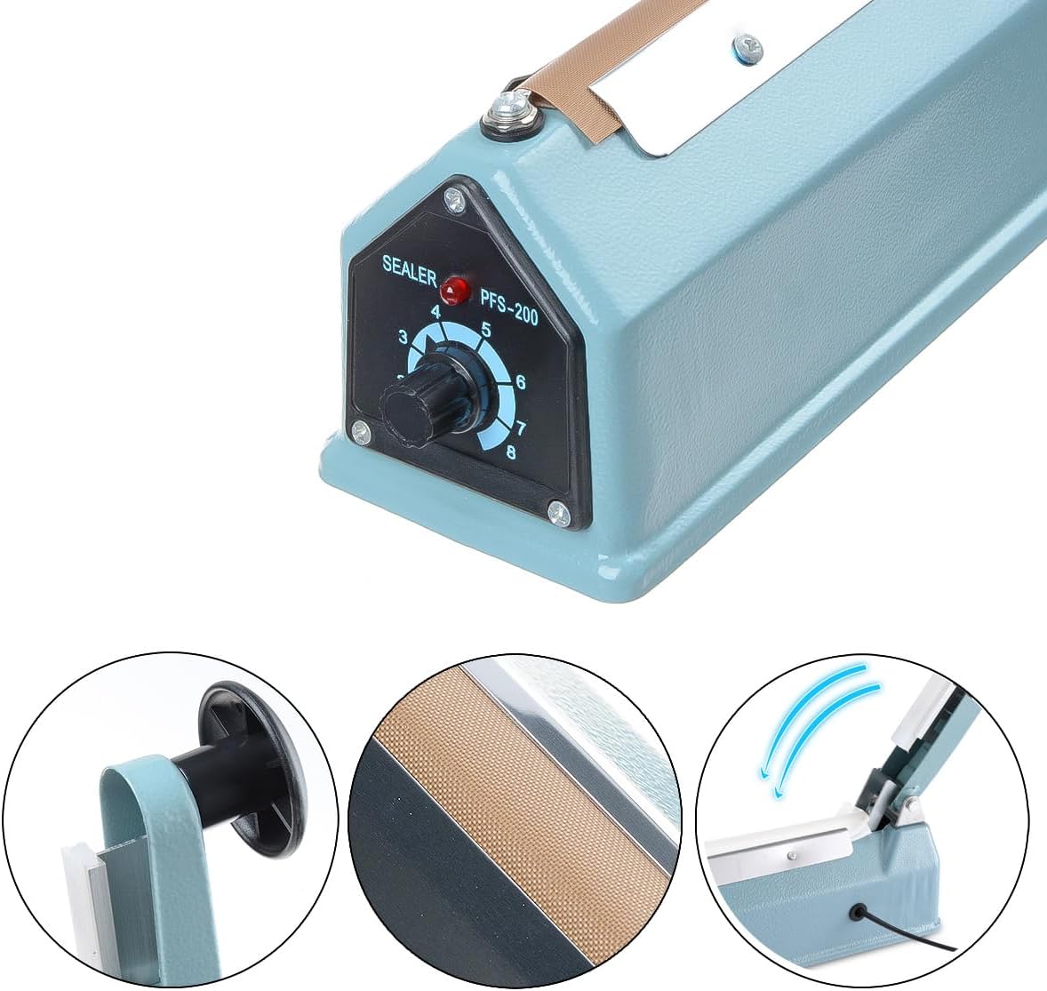 8" (200mm) Impulse Sealer 300w- Manual Plastic Poly Bag Heat Sealing Machine Closer Kit w/Adjustable Timer, Portable with Free Replacement Element Grip and Teflon Tape