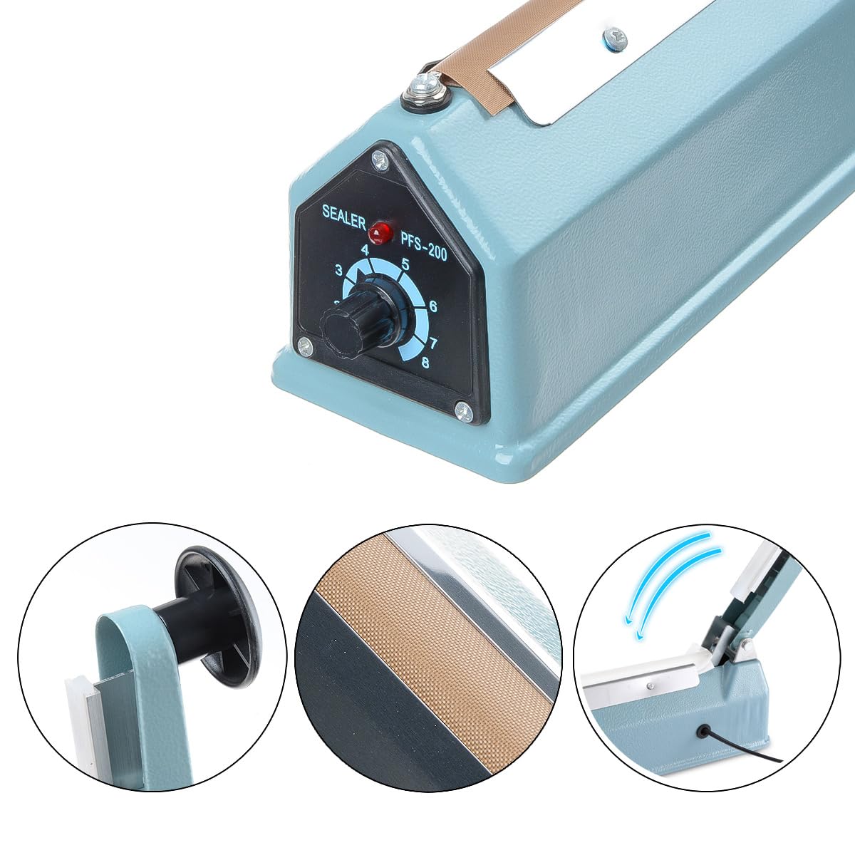 Scellant à impulsion de 200 mm - 300 W - Kit de fermeture à chaud manuel en plastique avec minuterie réglable, portable avec poignée d'élément de rechange et ruban en téflon