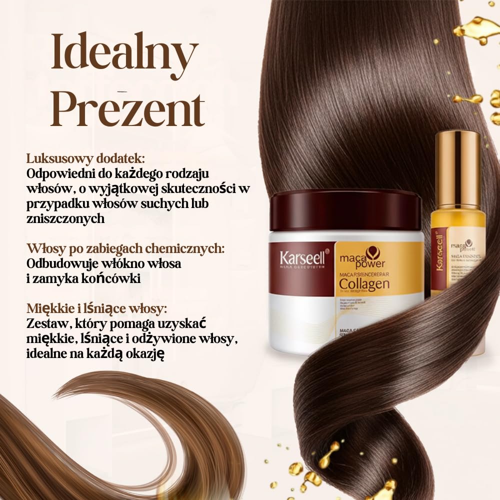 Karseell MACA CARE SYSTEM Maska Kolagenowa Serum Olejek Arganowy Włosy Suche Zniszczone Farbowane Puszące Nawilżenie Blask Regeneracja Wzmocnienie Do Wszystkich Rodzajów Włosów 500ml+50ml