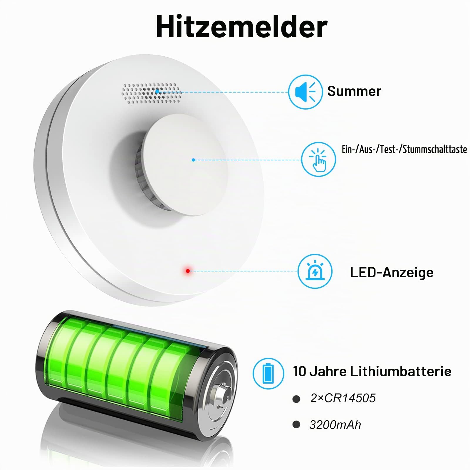 Vernetzter Rauchmelder und Hitzemelder mit Fernbedienung, Rauchmelder mit 10 Jahre Batterie