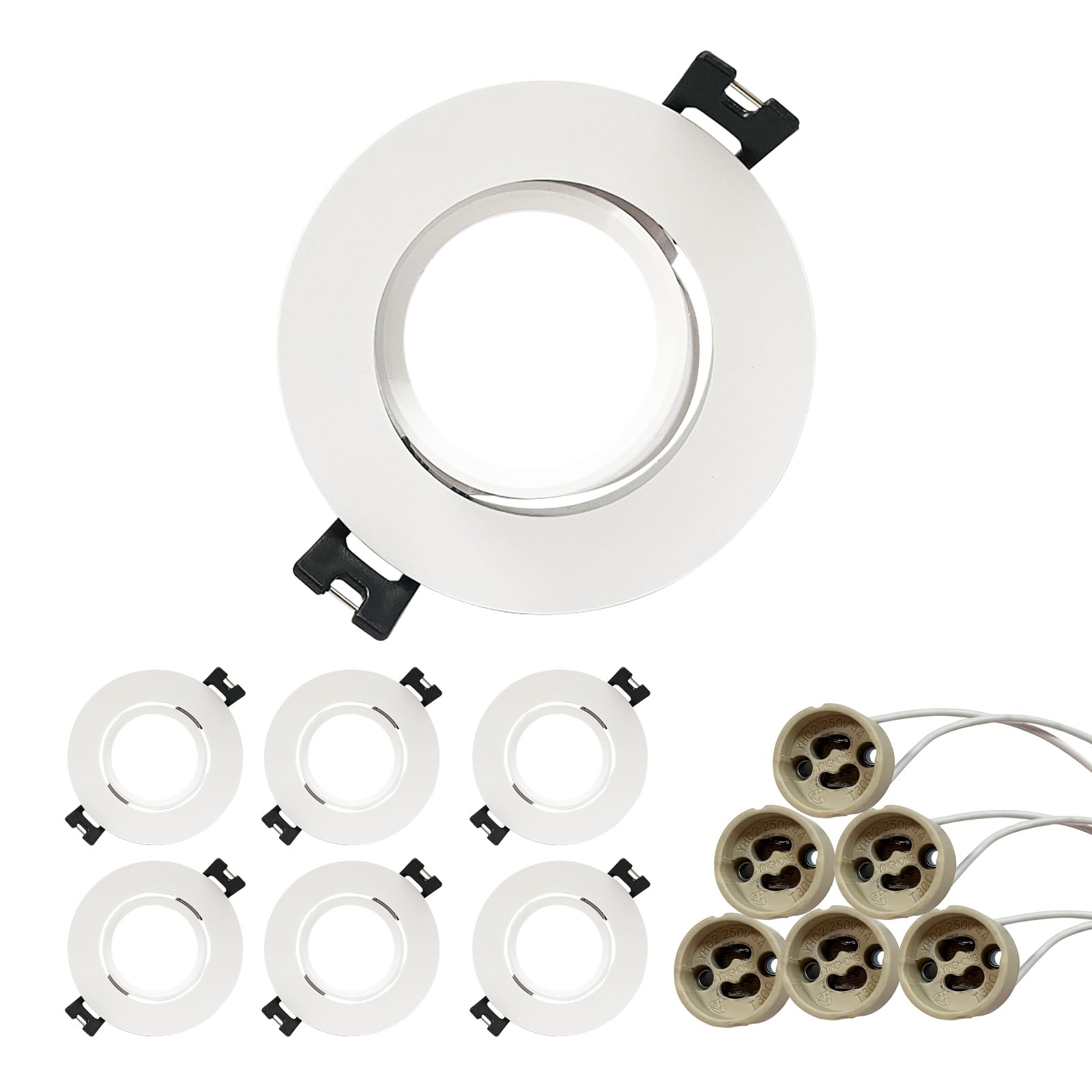 GY 6er LED Einbaustrahler, LED GU10 Einbaurahmen inkl. GU10 Fassung, Decken Spot Weiß Rund, Fassung für MR16 Leuchtmittel, 35° Schwenkbar, Ø75 x 85mm Lochdurchmesser
