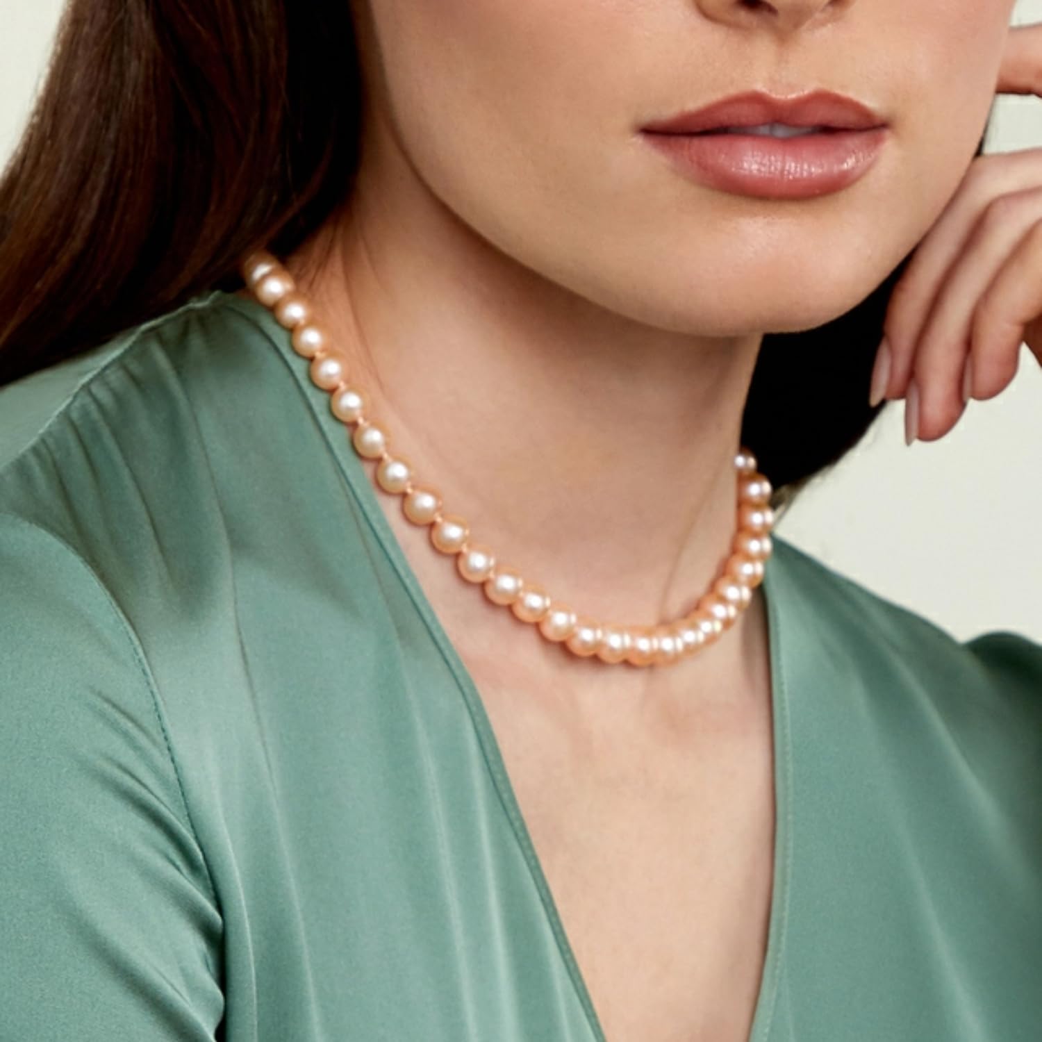 The Pearl Source 14K Gold 7-8mm AAA Quality Peach Freshwater Cultured Pearl Necklace for Women