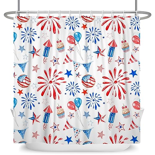 DASHAN 4th of July Shower Curtain Independence Day Patriotic Shower Curtains for Bathroom 4th of July Waterproof Fabric Shower Curtains Bathtub Decorations 72x72 Inches with 12 Hooks