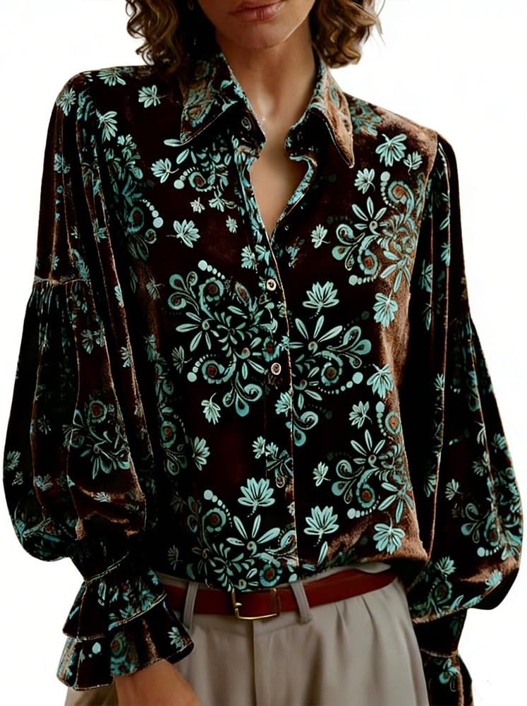Womens Velvet Blouse Top Vintage Floral Puff Sleeve Fall Winter Loose Trendy Dressy...