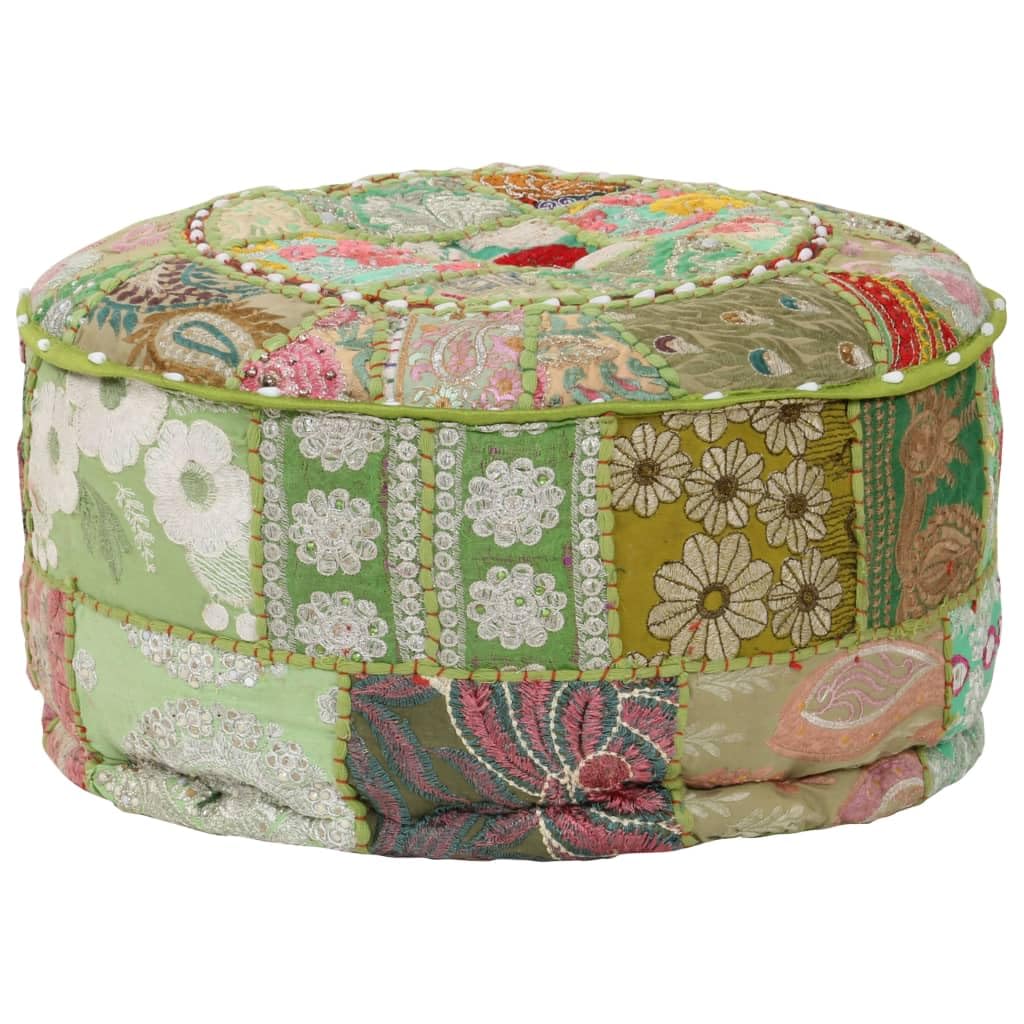 Patchwork pufa do siedzenia, okrągła, bawełniana, ręcznie wykonana, 40 x 20 cm, zielona, styl vintage, wygodna poduszka na podłogę, dekoracyjna podnóżek, z haftem, wszechstronne siedzisko do
