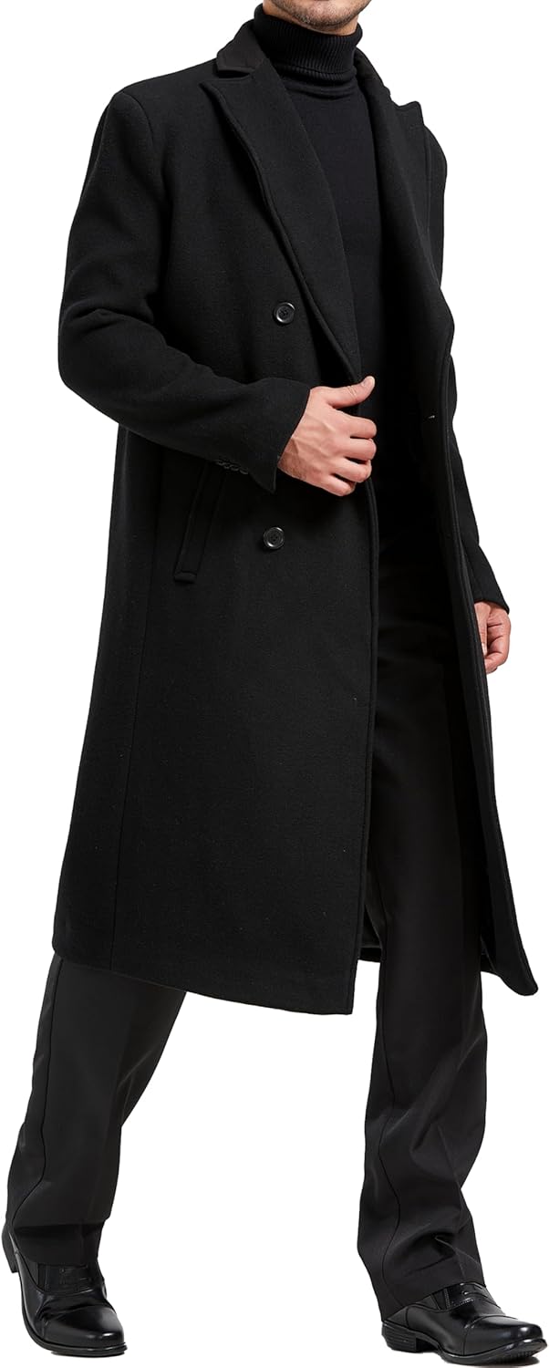 Mens Black Overcoat Wool & Cashmere Double Breasted Long Coat Winter Jacket