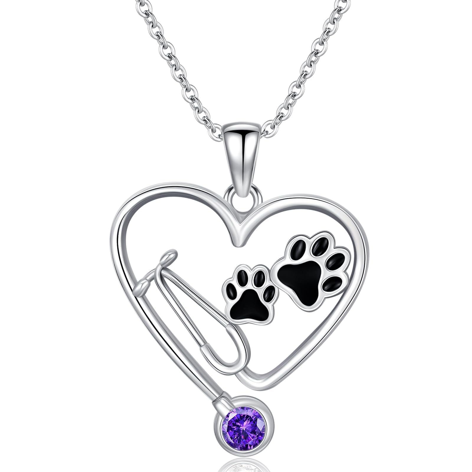 ROMANTICWORK Collar de estetoscopio veterinario con piedra natal de plata de ley 925, colgante de enfermera veterinaria con pata de perro, joyería de regalo para enfermeras veterinarias, regalos