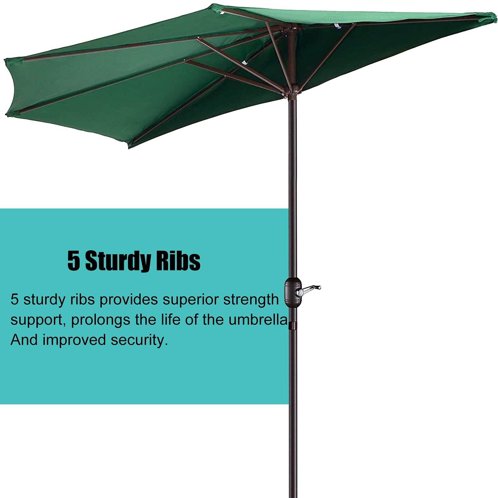 Parasol Ogrodowy Duży, Półokrągły Parasol Ogrodowy O Długości 3 M / 9,8 Stopy, Półokrągły Baldachim W Kolorze Ciemnozielonym Z Korbą I 5 Żebrami, Parasol Ogrodowy/Tarasowy/Podwórkowy, Ochrona Przed P