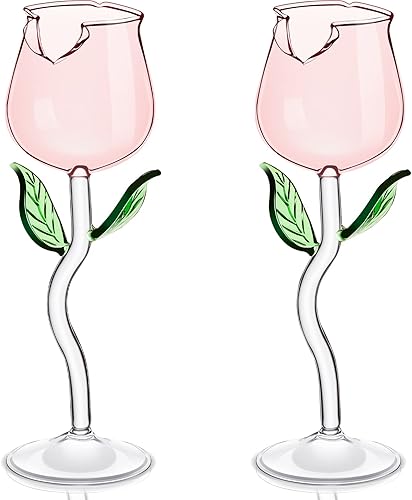 Cunhill Paquete de 2 copas de vino rosa de 6 onzas, copas de vino tinto creativas, copas de vino de flores rosas, copas de jugo de cóctel para