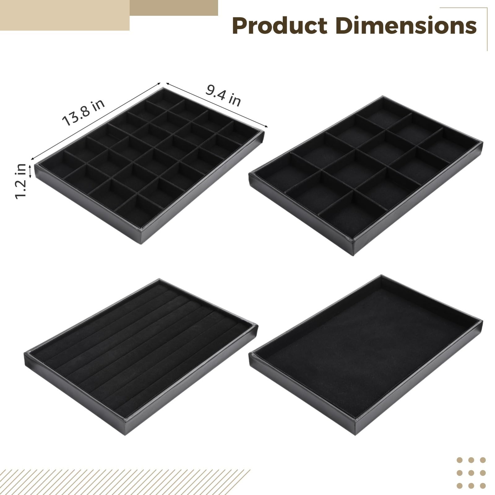 Bandejas organizadoras de joyas, juego de 4 piezas, diseño apilable con 12 y 24 compartimentos, para collares, aretes y anillos, 13.8 x 9.4 x 1.2 pulgadas