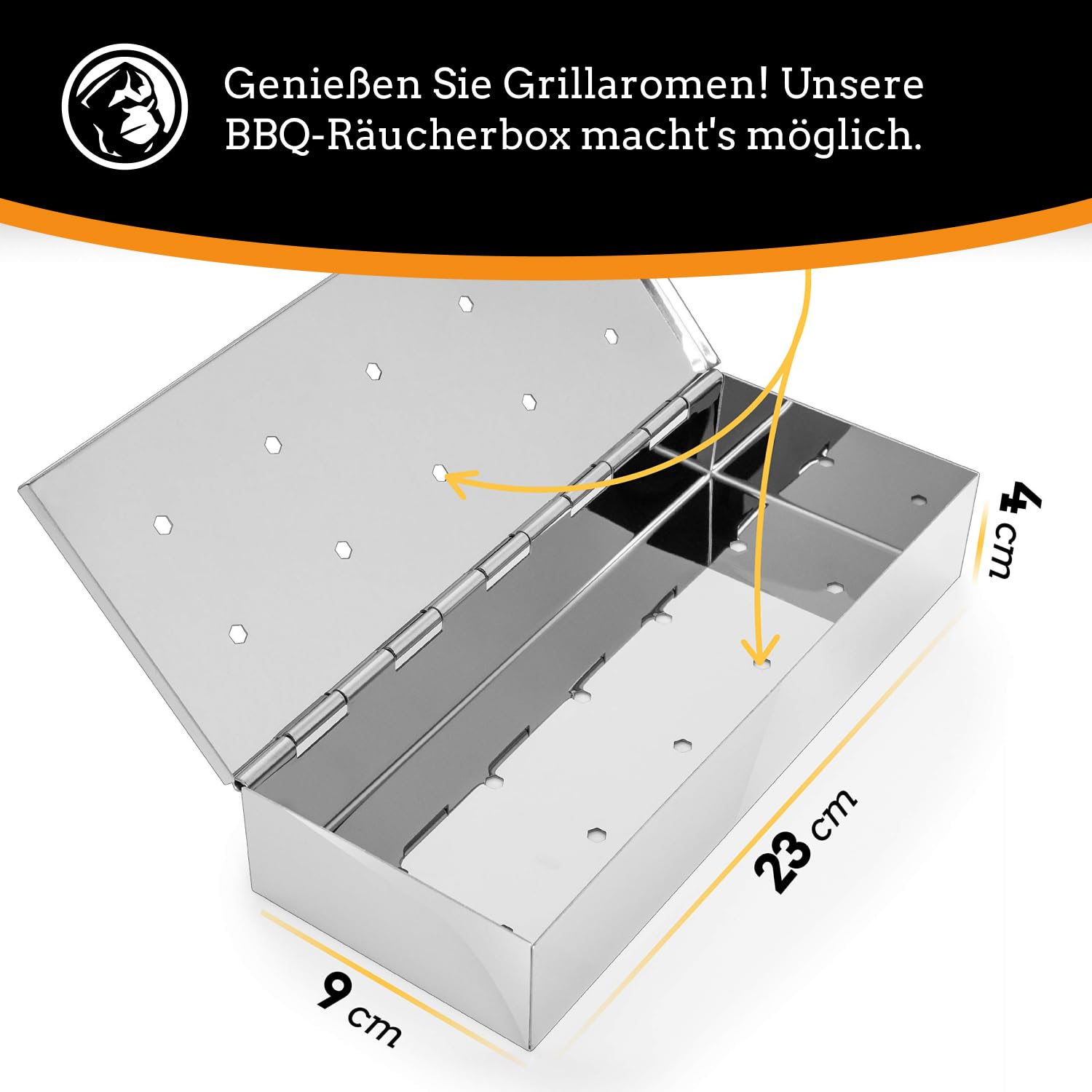 Smoker Box - Cassa per affumicatura per griglie - Deliziosa carne dal sapore affumicato per griglia a gas o carbone - Coperchio con cerniere per un'apertura facile (acciaio inox, finitura lucida)