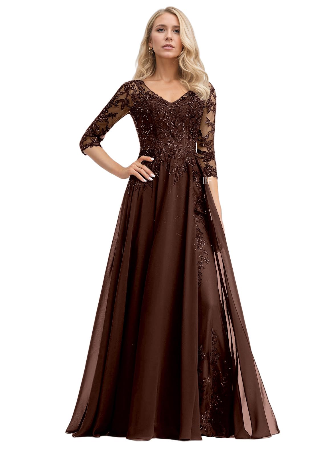 IIF Lace Applique Mother of Bride Dresses 3/4 Sleeve Chiffon Long Mother of The Groom Dresses for Wedding IIF174