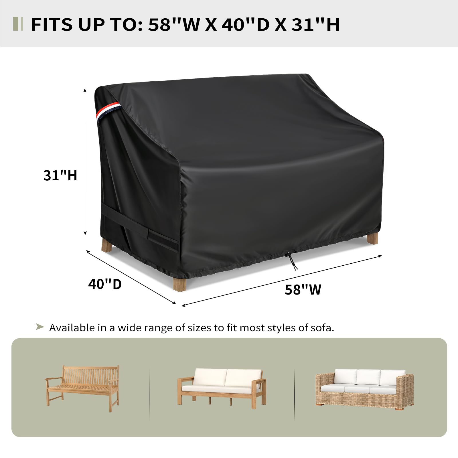 KylinLucky Fundas impermeables para muebles de exterior, funda para sofá de patio de 2 plazas, se adapta a hasta 58 x 40 x 31 pulgadas de ancho, color negro