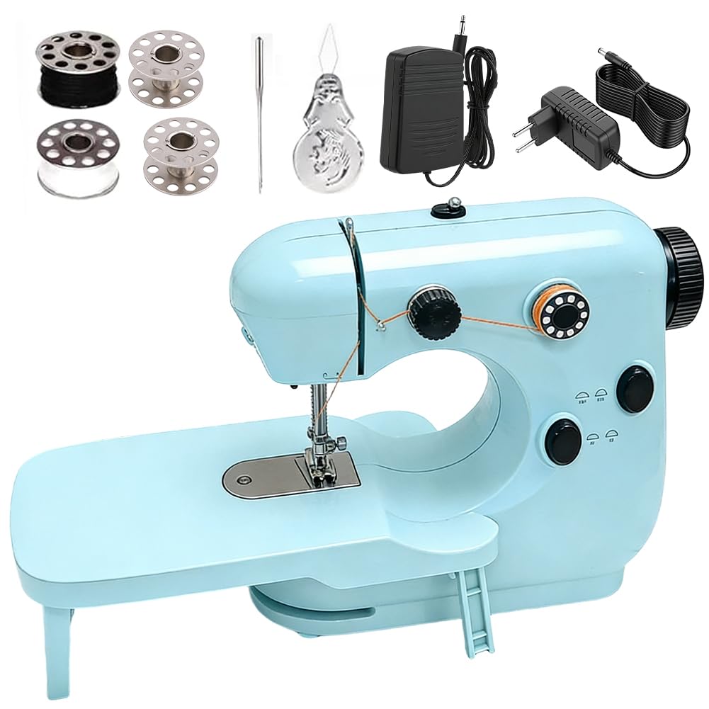Mini macchina da cucire per principianti e bambini, macchina da cucire portatile a doppia velocità con tavolo allungabile, luce LED e pedale, macchina da cucire elettrica multifunzione per fai da te