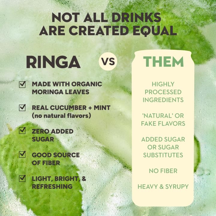 Image of RINGA Cucumber Mint Sparkling Hydration Drink - Organic Moringa + Apple Cider Vinegar with 3g Prebiotic Fiber - No Added Sugar, No Artificial or Natural Flavors - Gut Health & Clean Hydration - 12oz Cans (12 Pack)
