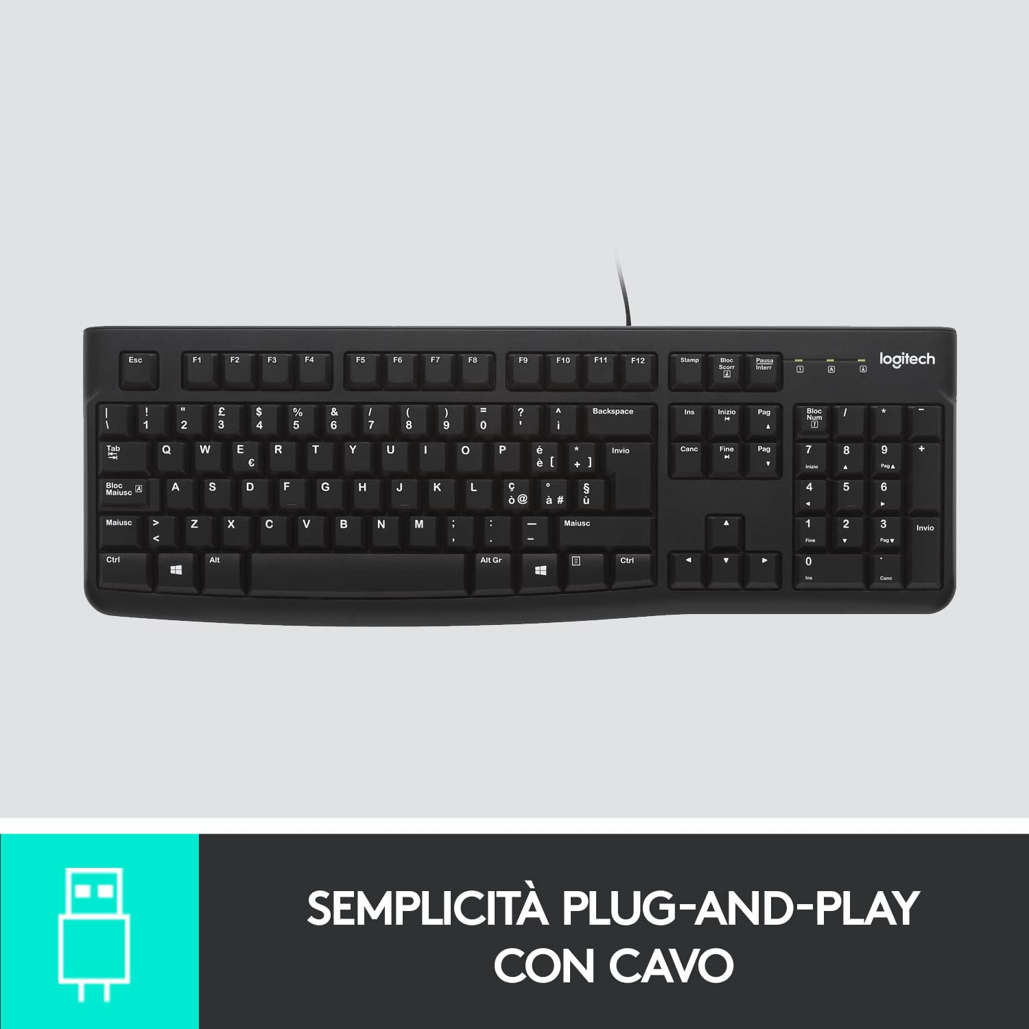 Logitech K120 Tastiera Cablata Business per Windows/Linux, USB, Tasti Silenziosi, Anti Schizzi, Barra Spaziatrice Curva, PC/Laptop, Layout Italiano QWERTY