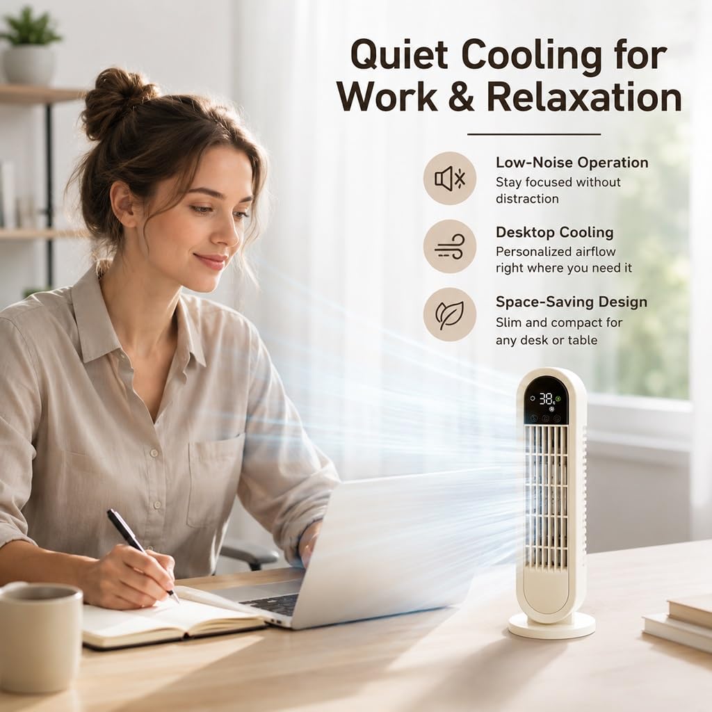Ventilatore Senza Pale Con Display LED, Oscillazione A 60° E 3 Velocità | Ricaricabile,Ventilatore A Torre Per Scrivania, Camera Da Letto E Ufficio, Soluzione Di Raffreddamento Compatta