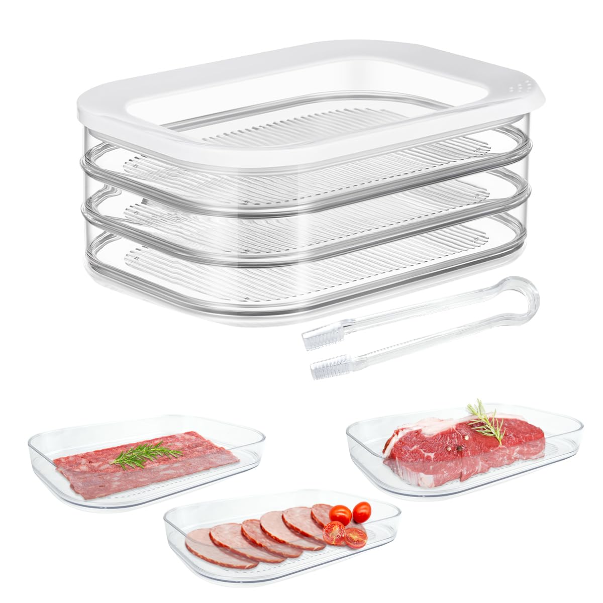 IBEQUEM 3 Stück Deli Fleisch Container für Kühlschrank, stapelbar Speck Mittagessen Fleisch Container für Kühlschrank, Mahlzeit Prep Container mit Servierzange, Lebensmittel Lagerung Boxen mit Deckel Küche, Haushalt & Wohnen
