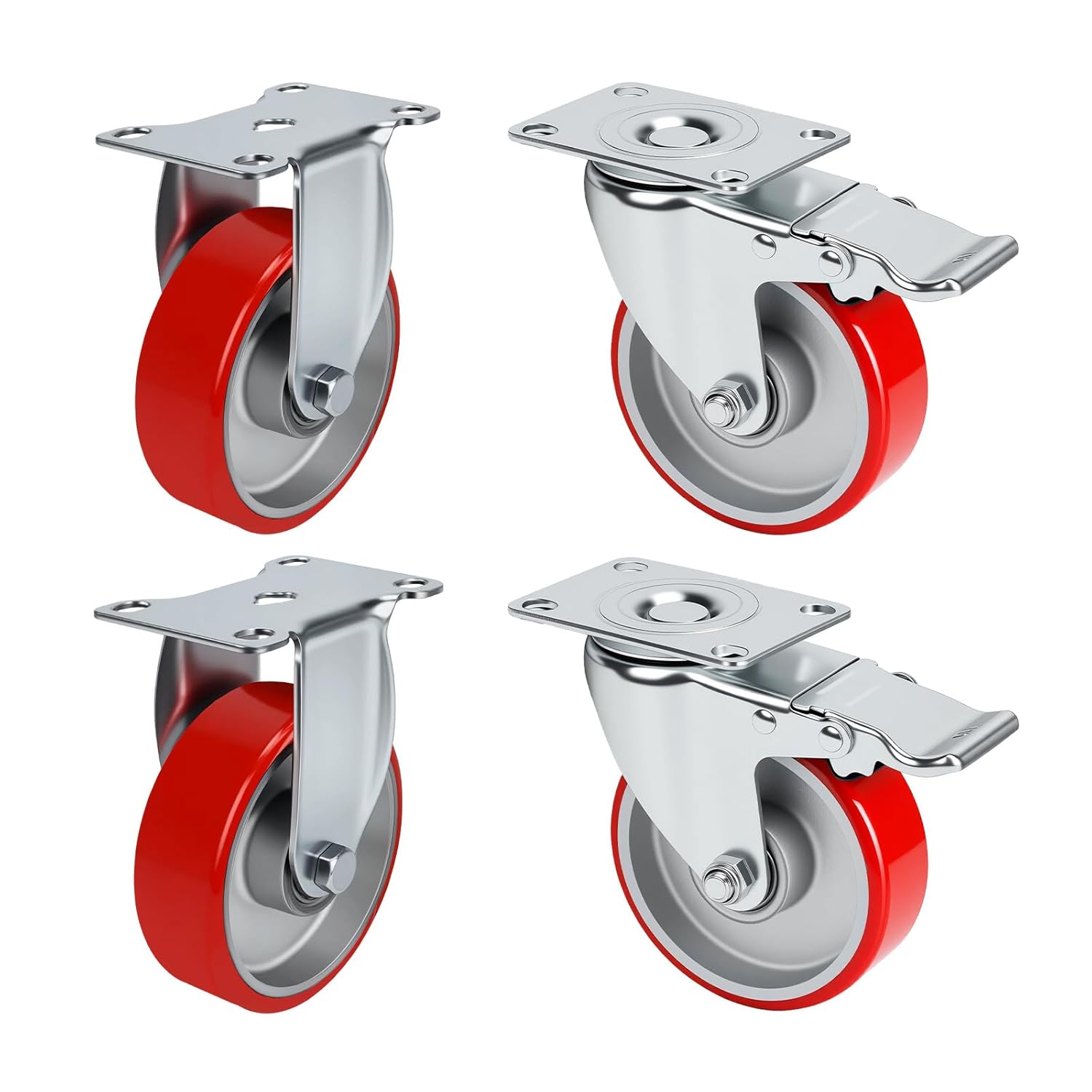 4 Inch Caster,Heavy Duty Caster Wheels Set of 4,Load 2000 Lbs,Polyurethane Steel Wheels,Swivel Wheels with Brake for Trolleys,Warehouse Cargo Handling,Workbench Moving(2Brake&2Rigid) 4 Inch Caster,Heavy Duty Caster Wheels Set of 4,Load 2000 Lbs,Polyurethane Steel Wheels,Swivel Wheels with Brake for Trolleys,Warehouse Cargo Handling,Workbench Moving(2Brake&2Rigid)