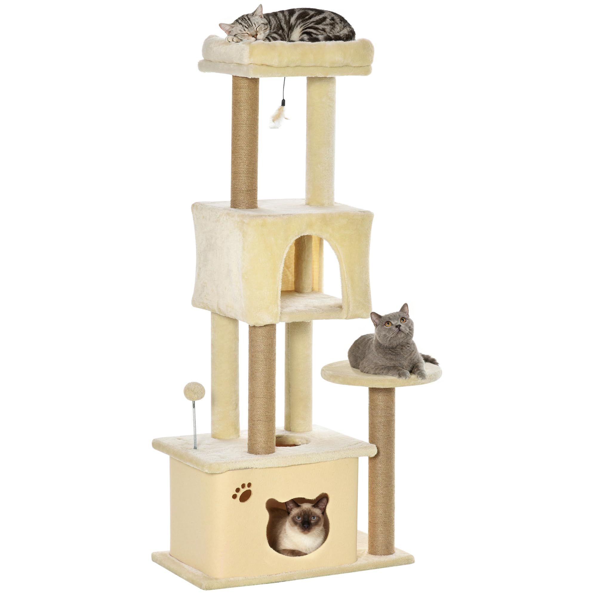 PawHut Árbol Rascador para Gatos Grande 60x34x136 cm con Cuevas Beige | Árbol para Gatos, Plataformas, Felpa Desmontable, Postes de Yute, Bola Colgante