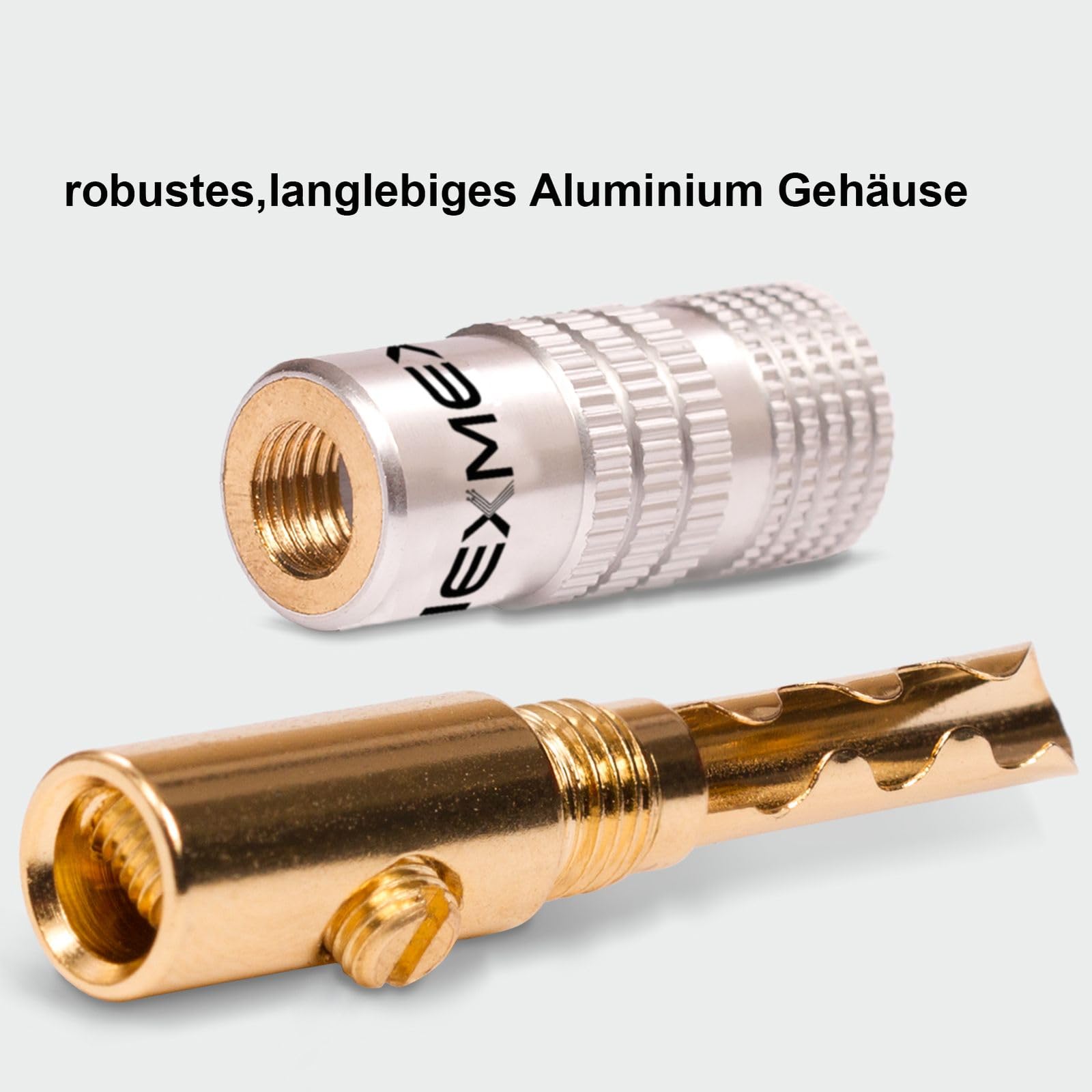 NEXMEX Hohl Bananenstecker 4mm - 20 Stück Stecker als Set - Hohl Steckverbinder 24K vergoldet Hohlbananas für Lautsprecherkabel - HiFi Lautsprecheranschluss