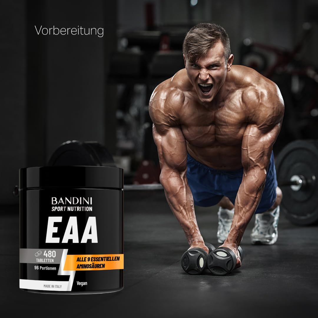 Bandini® EAA Aminosäuren Komplex | 480 vegane Amino Tabletten mit 9 verschiedenen Aminosäuren | Essential Amino Pre Post Workout aus pflanzlicher Fermentation | Hochdosiert, laborgeprüft, GVO-frei