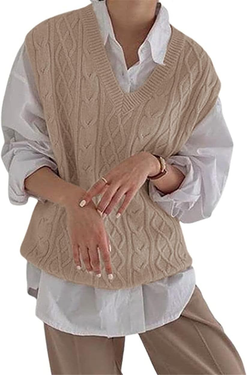 Women's V Neck Sweater Vest Oversized Sleeveless Loose Knit Tops Cable Sleeveless Sweater - Image 2