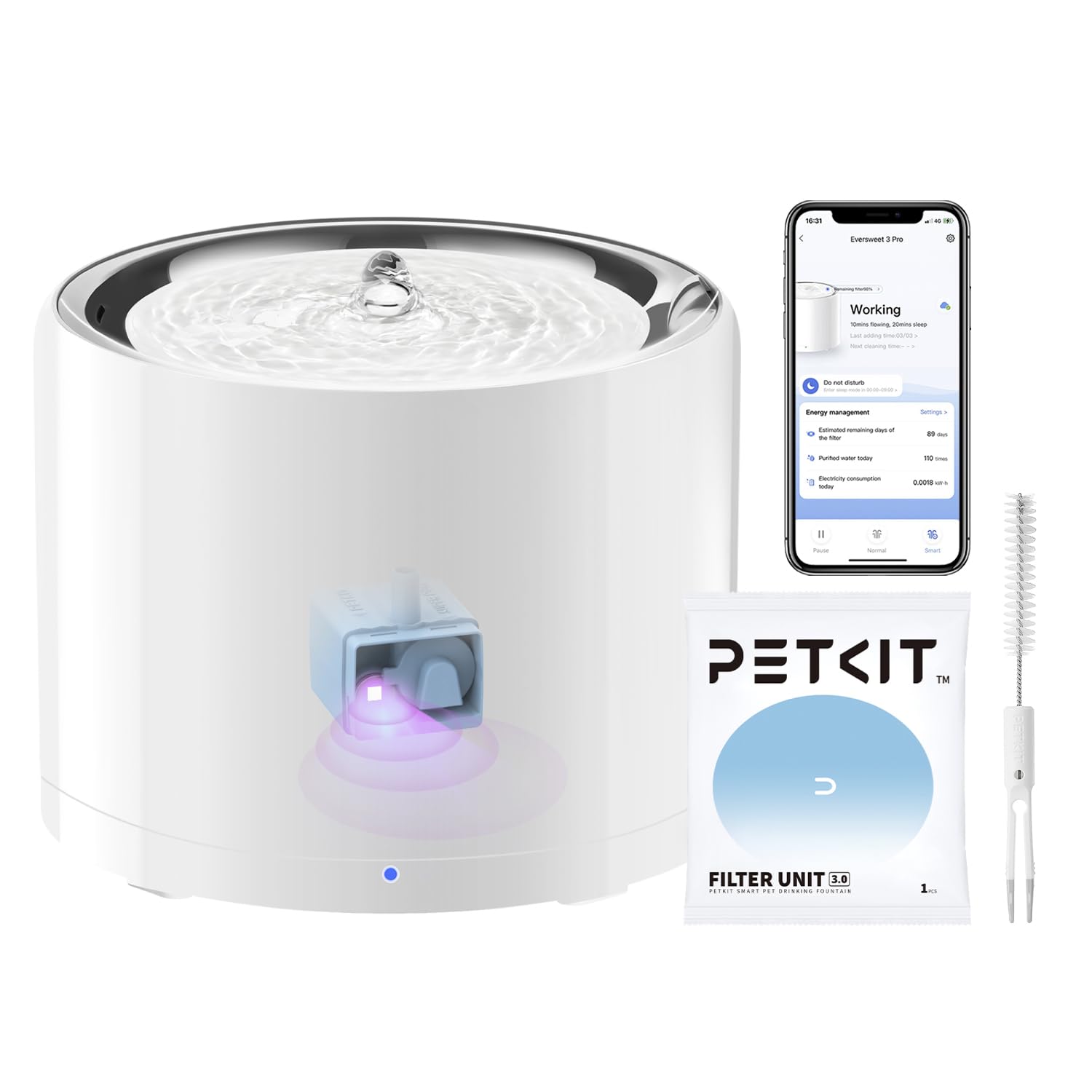 PETKIT Cat Water Fountain, UVC Wireless Pump, APP Control, 1.8L Cat Fountain Stainless Steel, Ultra Quiet, Hygienic Fresh Water for Cats Dogs, 3 Working Mode, Smart LED Light, Activated Carbon Filter