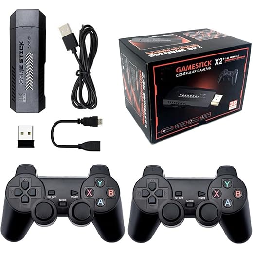 Console Retro Game, Game Stick Giochi Retro con 20000+ giochi, 23 Emulatori, Console Portatile Gaming con 2 controller wireless a 2,4 GHz, Plug and Play 4K HD HDMI TV Game Stick, Nero