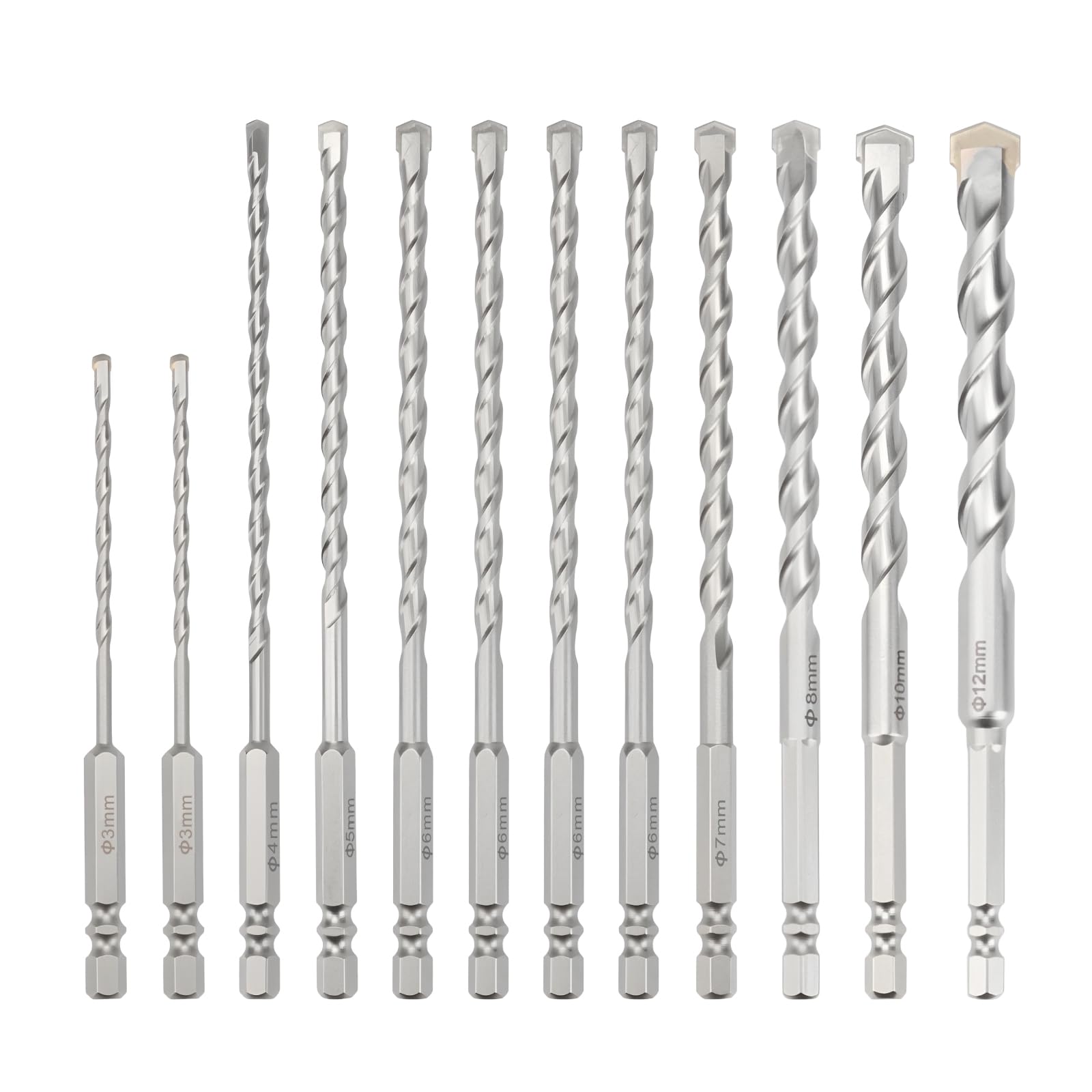MOXPIFY 12pcs Concrete Drill Bits, ร3/3/4/5/6/6/6/6/7/8/10/12mm Masonry Drill Bit Set for Impact Drill/Driver, Hex Shank