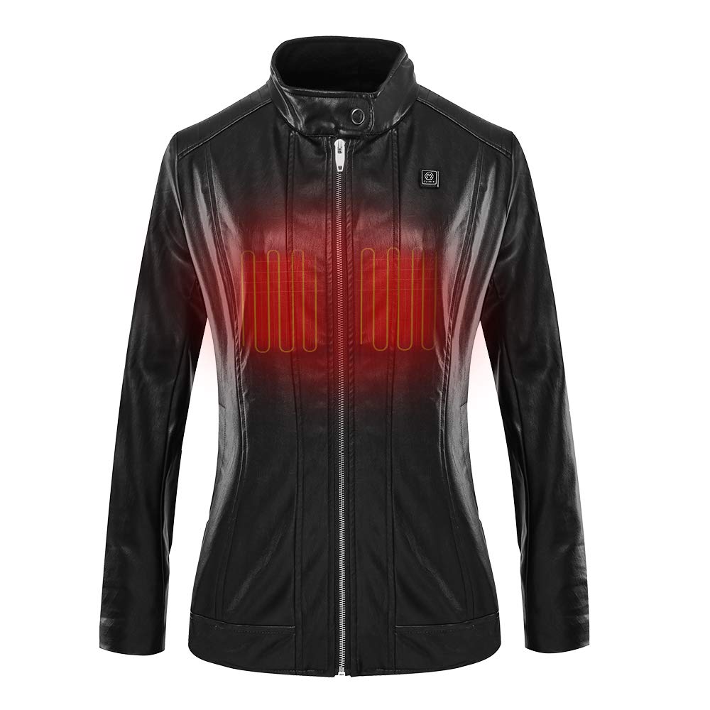 Women's Heated Leather Jacket Faux PU Leather Biker Motorcycle Coat with Battery Pack L Black